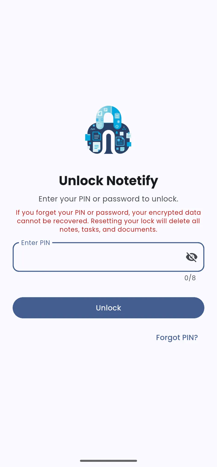 Notetify app lock screen with biometric and PIN protection